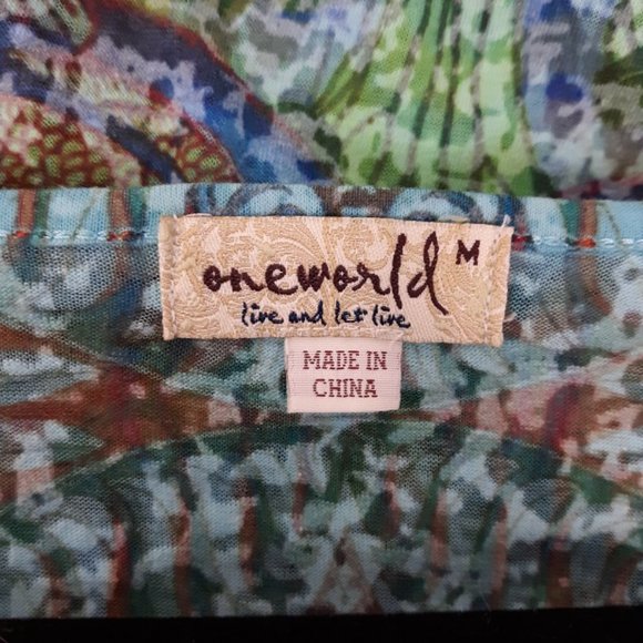 One World Peacock Top Women's Medium Burn Out Shirt Peacock Stud Embellishments - Picture 4 of 7